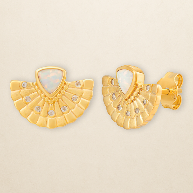 cai women Ohrstecker 925 Silber vergoldet Fächer, Opal & Weißtopas